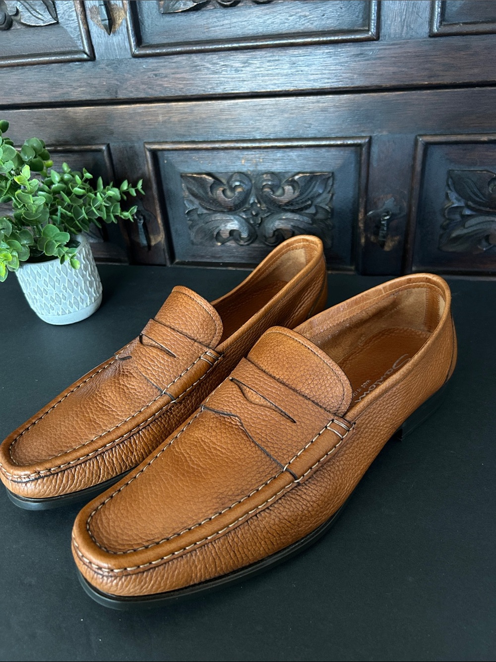 Santoni Men's Cognac Pebbled Leather Penny Loafers